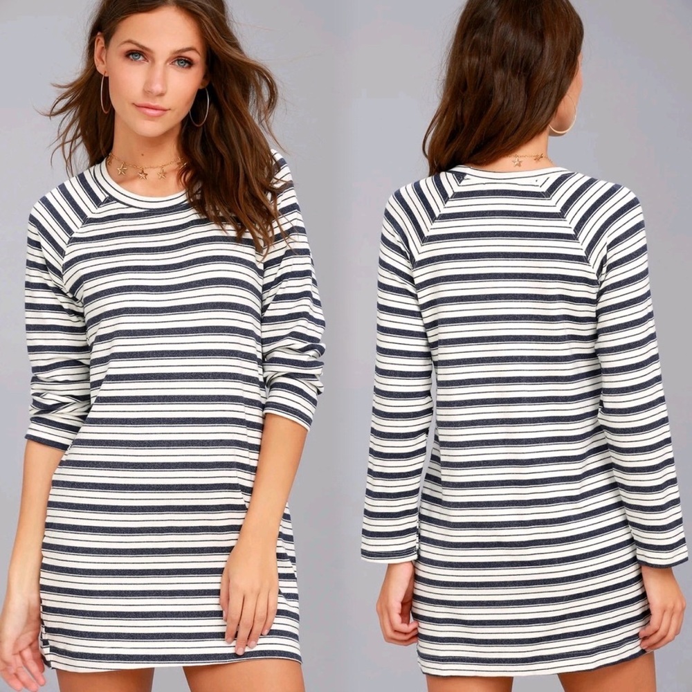 White Navy Blue Striped Long Sleeve Shift Dress